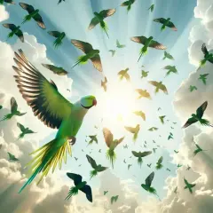 Un gran loro verde lidera una bandada de loros en el cielo azul, un sueño con loros que parece una visión celestial.