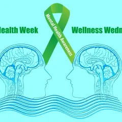 El lazo verde, símbolo del significado de la salud mental, une dos perfiles de cerebros en un fondo azul claro, con texto "Mental Health Week" y "Wellness Wednesday".