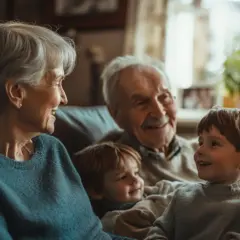 Abuelos sonríen a sus nietos. Es como soñar con abuelo fallecido, rodeado de amor familiar.