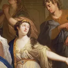 La reina Ester, con lágrimas en los ojos, implora por su pueblo. A su lado, un hombre señala con el dedo, mientras otros rezan. Un día crucial para Santa Ester.
