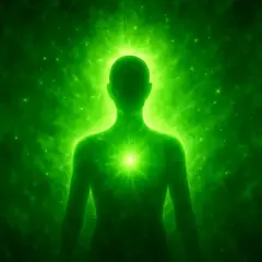 Silueta humana rodeada de energía verde brillante, simbolizando el color verde significado espiritual de sanación y crecimiento.