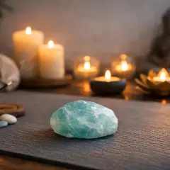 Piedra aguamarina, velas encendidas y figura de Buda. El significado espiritual de la piedra aguamarina se asocia con la calma y la comunicación.