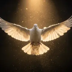 Una paloma blanca, iluminada por una luz dorada, parece flotar en la oscuridad. Es como soñar con palomas, un símbolo de paz y esperanza.
