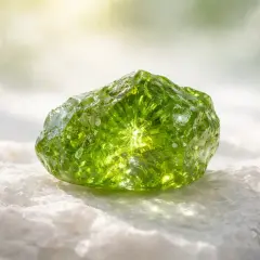 Peridoto brillante sobre roca blanca, su peridoto significado espiritual evoca luz y renovación.