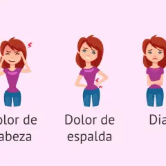 Ilustración de mujer con dolor de regla, mostrando síntomas como dolor abdominal, de cabeza, de espalda, diarrea y náuseas.