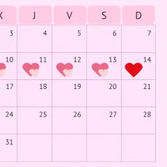 Calendario muestra menstruación (gota roja), ovulación (corazón rojo) el día 14, y días fértiles (corazones rosas) del 10 al 15.