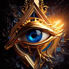 Ojo de Horus dorado y azul, símbolo de protección y poder. Su significado espiritual es profundo, representando la visión divina y la sanación.