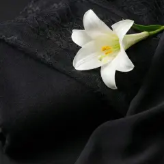 Lirio blanco sobre telas negras, evocando el significado del color negro: elegancia, misterio y luto.