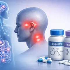 Cerebro y sistema nervioso con puntos de dolor en cabeza y cuello. Botellas de ibuprofeno o paracetamol para el dolor de cabeza.