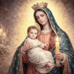 Virgen María con el Niño Jesús, coronada y rodeada de luz. Sostiene una vela, un verdadero santo de candela, en un ambiente de devoción.