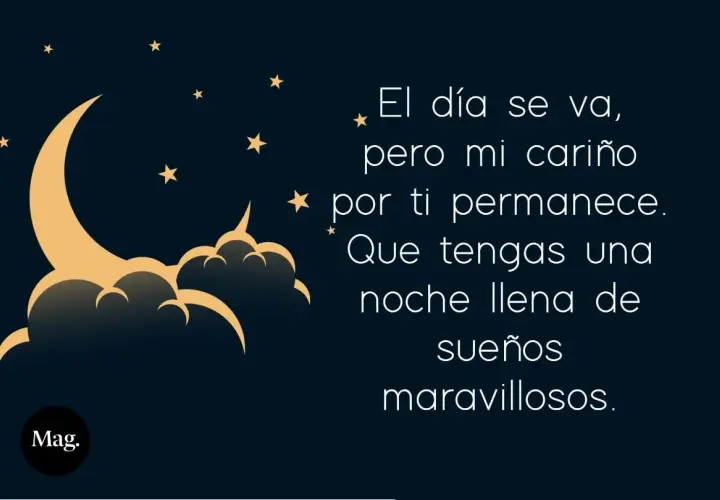 Noche estrellada con luna creciente y nubes. Mensaje: "El día se va, pero mi cariño por ti permanece. Que tengas una noche llena de sueños maravillosos." Frases para una cuñada especial.