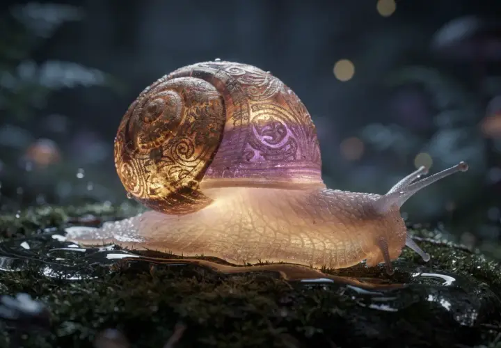 Un caracol con una concha ornamentada y translúcida, iluminada desde dentro, se desliza sobre musgo húmedo. Un mundo mágico para soñar con caracoles.