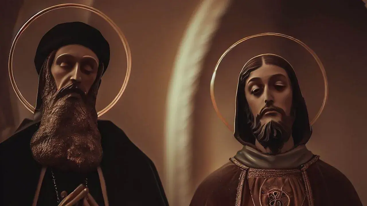 Dos figuras santas con halos dorados, una con barba larga y túnica negra, la otra con túnica marrón. Se celebra cuando es San Sergio.