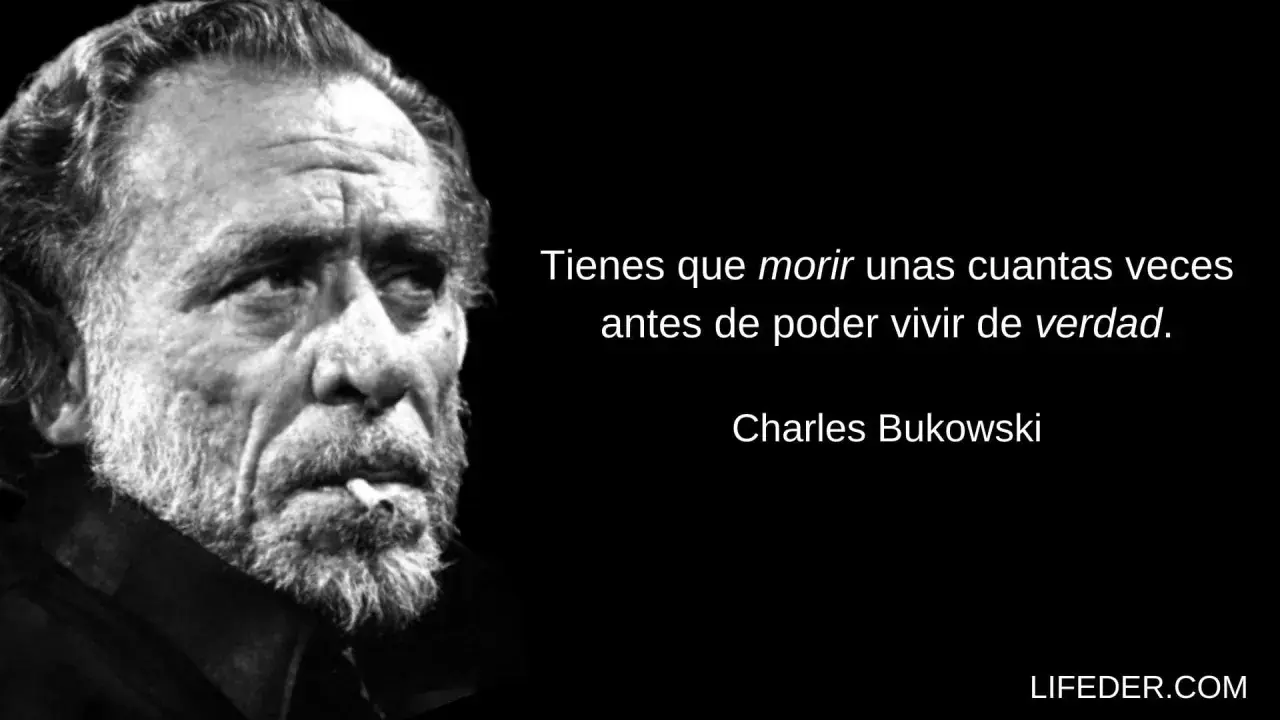 Retrato de Charles Bukowski fumando, con una de sus frases crueles: "Tienes que morir unas cuantas veces antes de poder vivir de verdad.