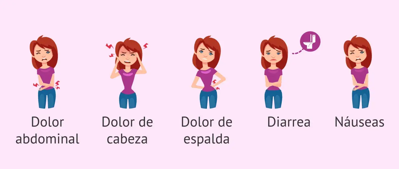 Ilustración de mujer con dolor de regla, mostrando síntomas como dolor abdominal, de cabeza, de espalda, diarrea y náuseas.