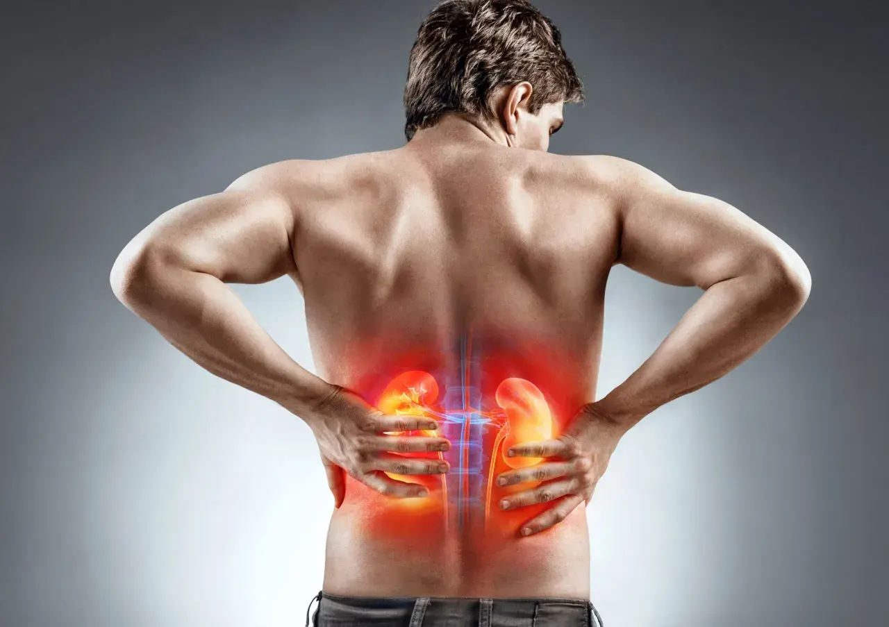 Hombre con dolor de riñones, sintiendo un dolor agudo que se irradia, como si fuera un dolor de regla intenso.
