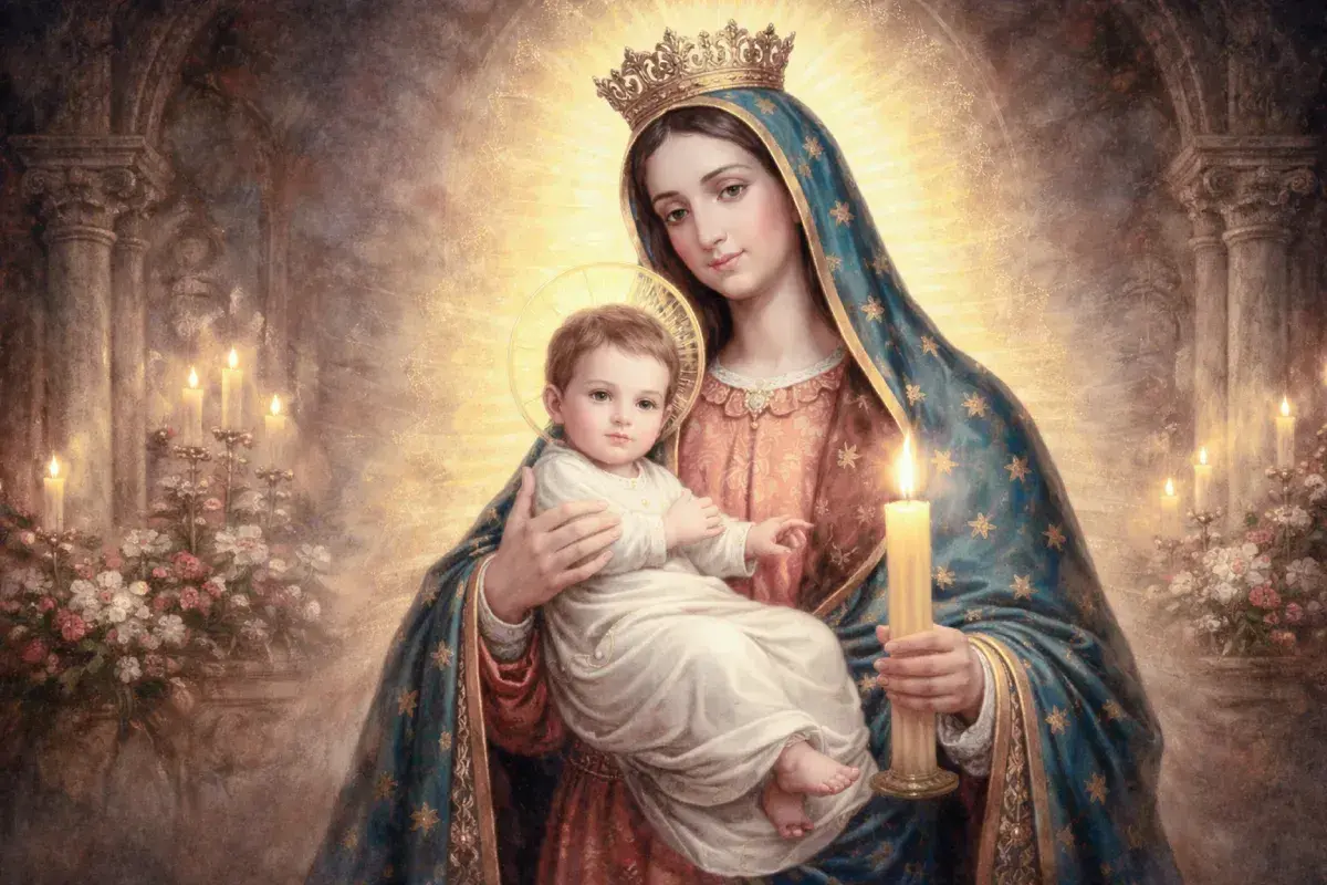 Virgen María con el Niño Jesús, coronada y rodeada de luz. Sostiene una vela, un verdadero santo de candela, en un ambiente de devoción.