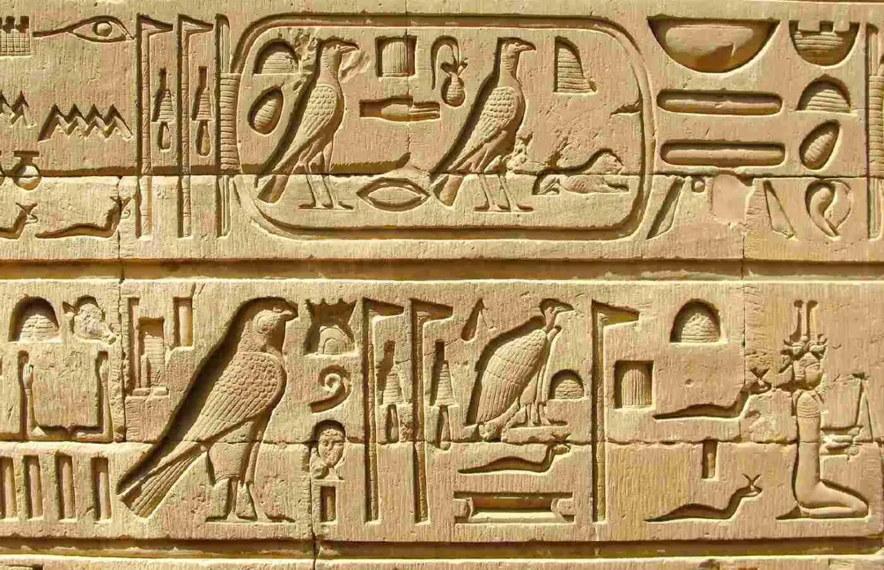 Detalle de jeroglíficos egipcios tallados en piedra, mostrando aves, un ojo y otros símbolos. Cada uno tiene un profundo simbolismo egipcio significado.