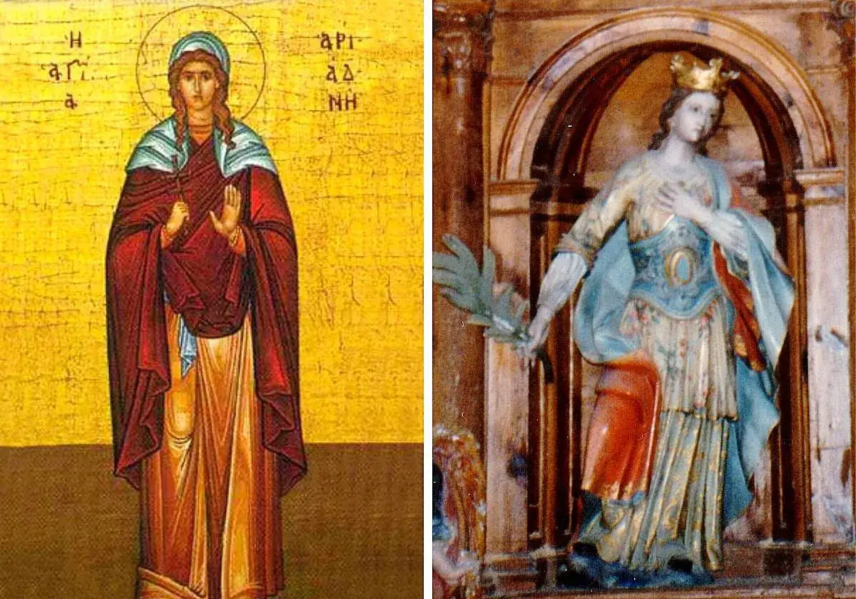Icono de santa Adriana con túnica roja y estatua de santa Adriana con corona y rama de palma.