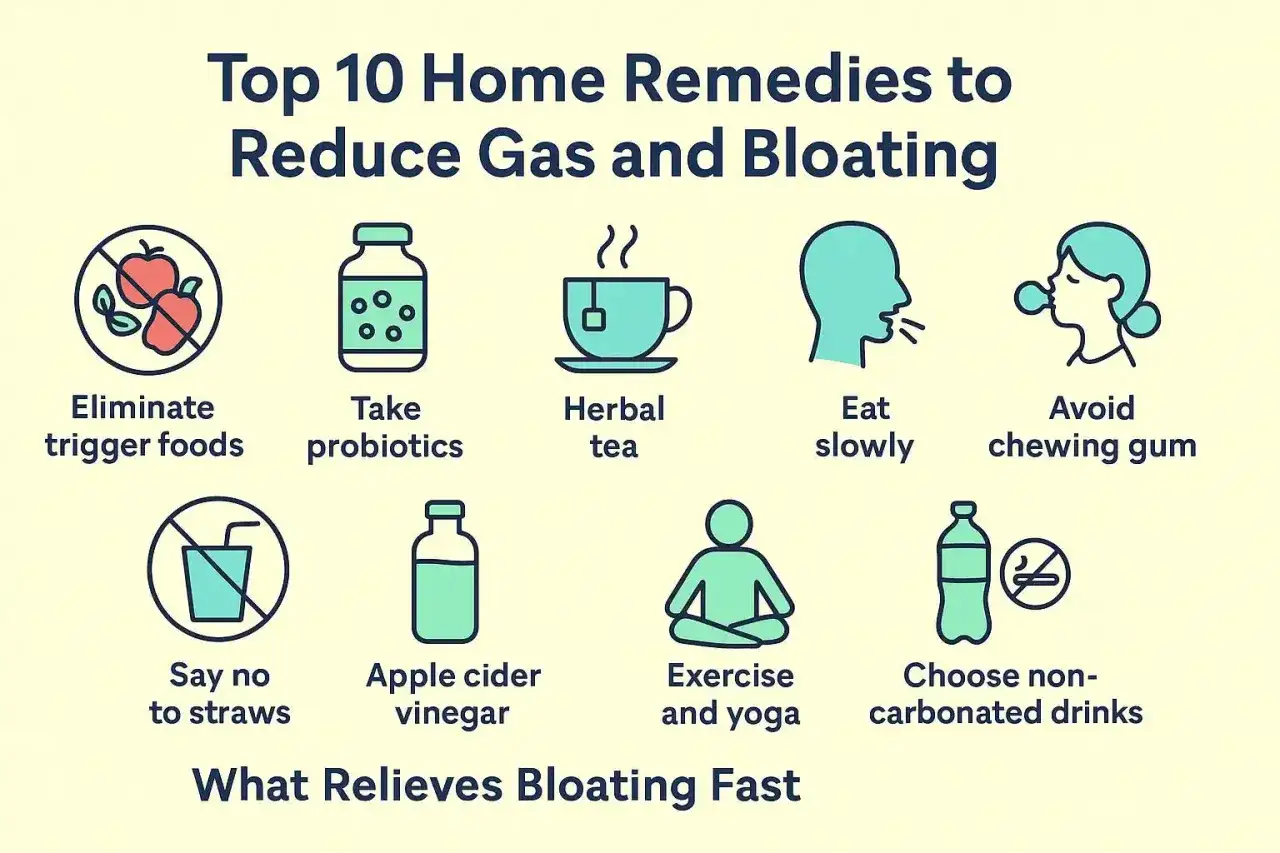 Infografía con 11 trucos para acabar con los gases y la tripa hinchada: elimina alimentos, toma probióticos, té, come lento, evita chicle, etc.